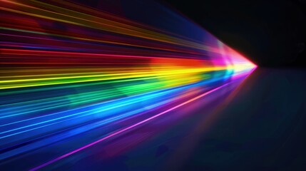 Vibrant rainbow light beams dance on a dark backdrop, crafted by prism refraction. Their vivid hues evoke wonder and energy, forming a captivating visual spectacle
