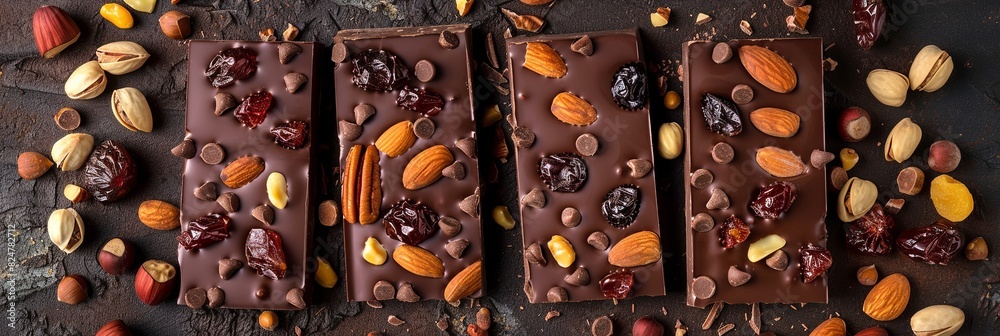 Poster a chocolate bar topped with nuts and cranberries, showcasing rich textures and natural ingredients. 