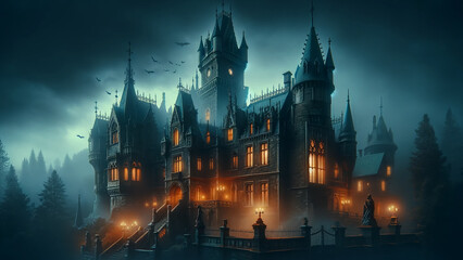 Fototapeta premium spooky old Gothic castle stands tall on a foggy night, with its towering spires
