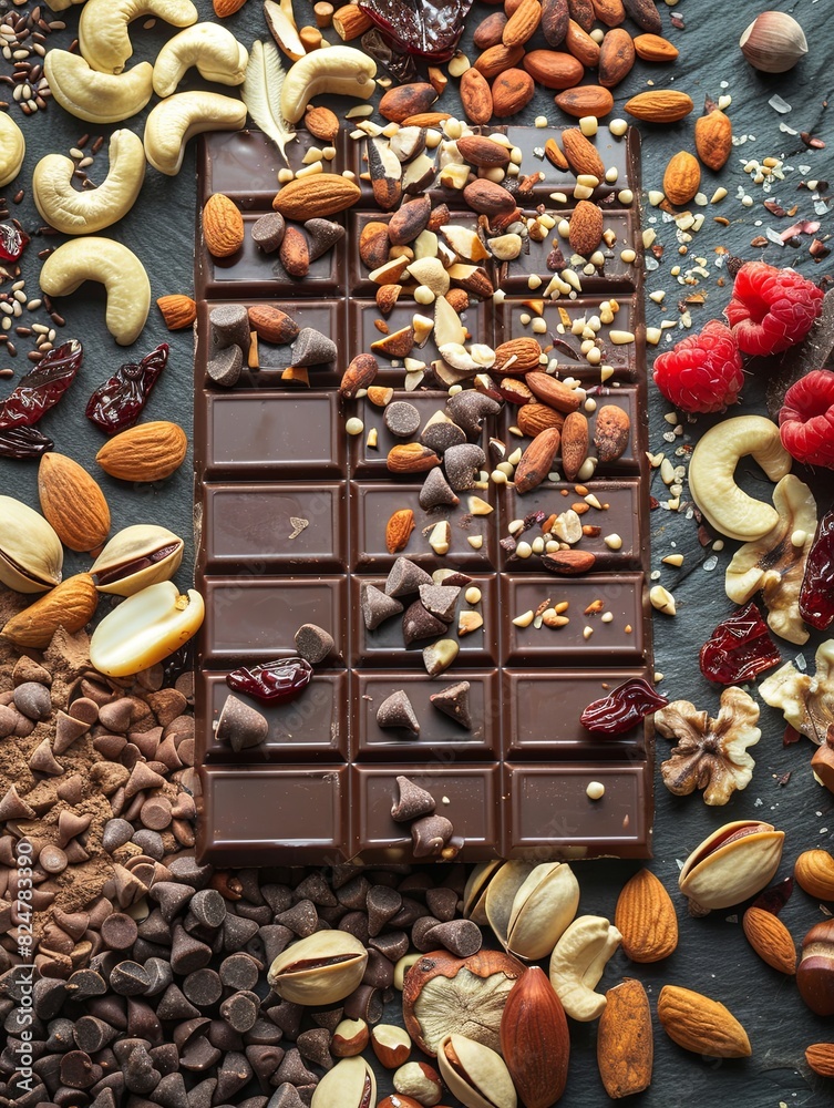 Poster A chocolate bar rich in detail surrounded by a variety of nuts and dried berries, creating a natural and appetizing display. Generative AI