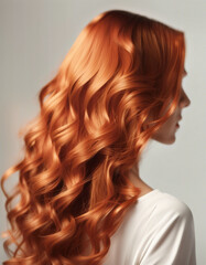 Fototapeta premium back view of copper colored long and wavy woman's hair, hair advertising shot, isolated white background 