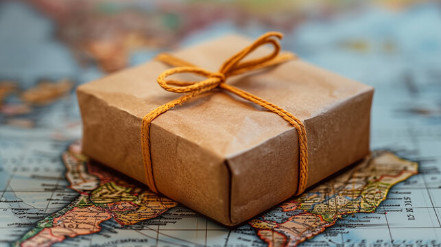 Brown parcel tied with string on antique map. Gift package for traveler or souvenir from journey. Concept of adventure, wanderlust and exploring distant lands.
