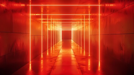 Digital technology red glowing neon corridor poster background