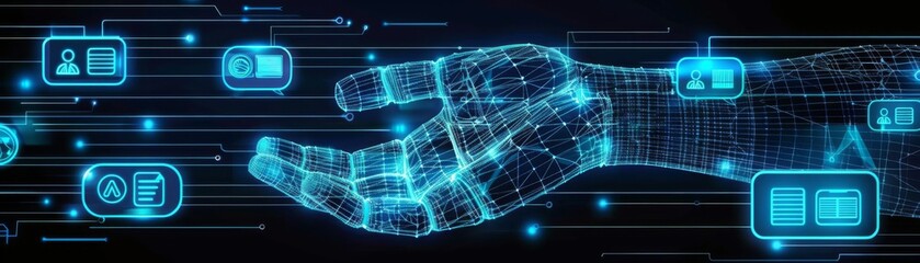 Obraz premium Digital dialogue concept with a wireframe hand, neon blue speech bubbles and icons, representing modern communication technology