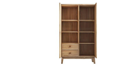 A wooden bookcase designed with multiple drawers and doors for storage and organization, showcasing a traditional and functional furniture piece