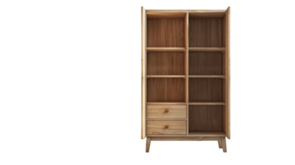 A wooden bookcase designed with multiple drawers and doors for storage and organization, showcasing a traditional and functional furniture piece