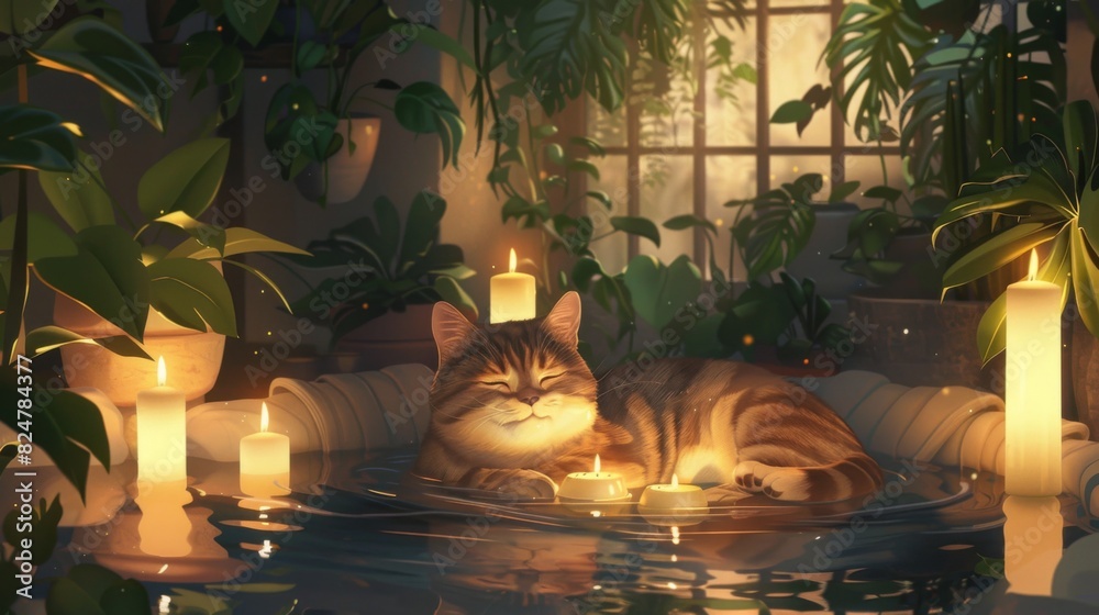 Poster A chubby cat relaxing in a shallow pool of water in a spa-like setting, surrounded by candles and plants.