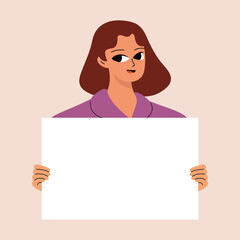 Young woman holding blank placard, poster, mockup. Pretty girl swowing empty presentation. Isolated illustration.