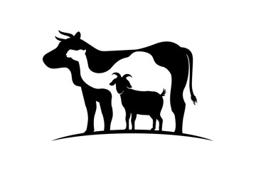 Eid al-Adha sacrifice animal silhouette vector illustration. Cow, camel, and goat silhouette in negative space style