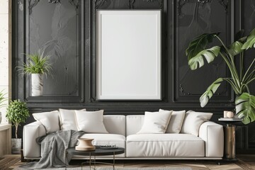 Blank picture frame mockup on wall in modern interior. Artwork template mock up in interior design with trendy vase.