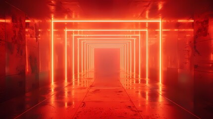 Digital technology red glowing neon corridor poster background