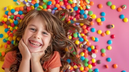 Happy child with a big smile lying on colorful candy-filled background, enjoying a joyful and fun moment of play and sweetness.