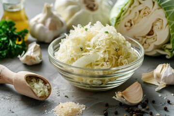 Fresh pickled sauerkraut cabbage with ingredients in bowl