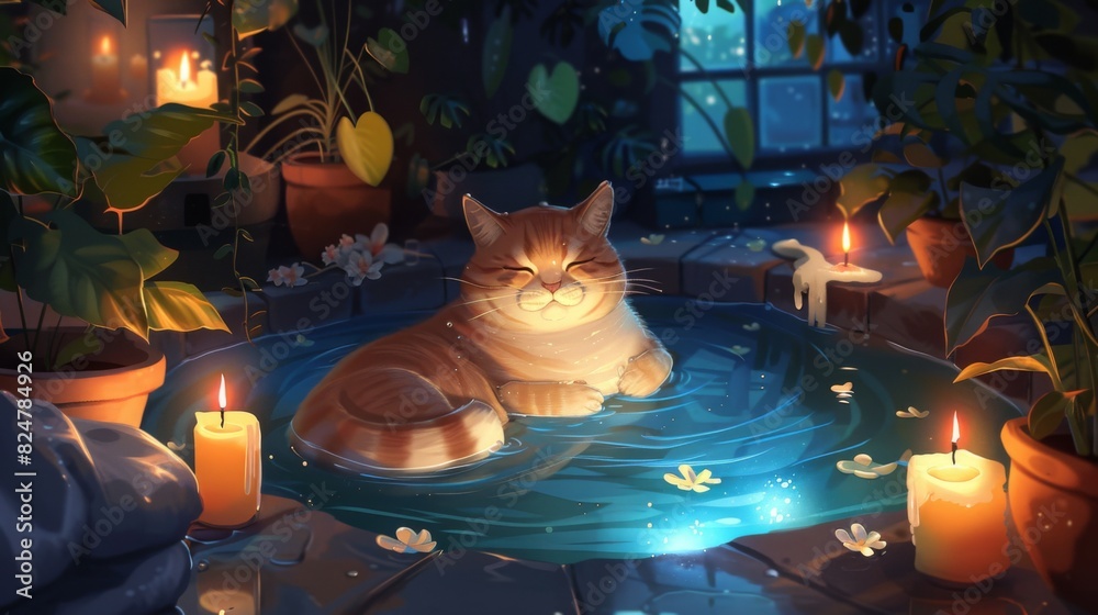 Poster a chubby cat relaxing in a shallow pool of water in a spa-like setting, surrounded by candles and pl