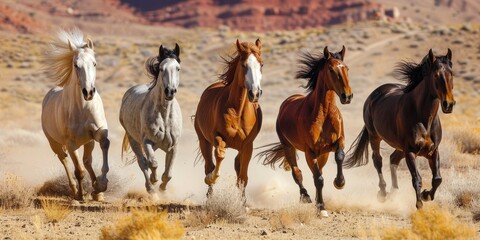 Group of horses running gallop in the desert.