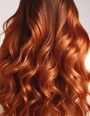 back view of copper colored long and wavy woman's hair, hair advertising shot, isolated white background
