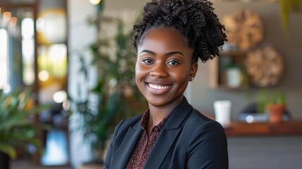 Fototapeta premium Professional woman smiling in modern office environment, showcasing confidence and positivity.