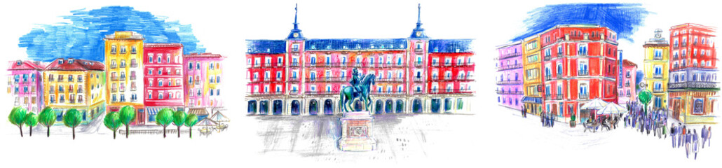 Naklejka premium Hand drawn colorful Madrid city skyline sketch. Bright architecture drawing, street, Plaza Mayor.