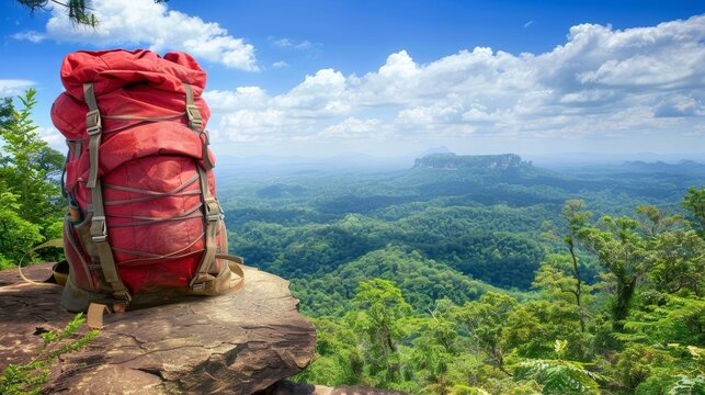 Backpacker s gear at mountain s edge  travel hacking concept for adventurous tourists