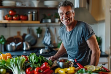 Fototapeta premium Smiling middle-aged man makes a nutritious breakfast from fresh vegetables and healthy food in his home kitchen. The scene highlights wellness and the benefits of home cooking.