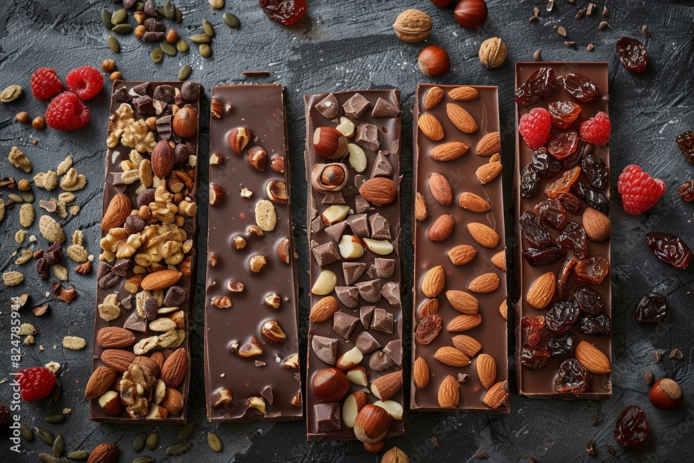 Aufkleber A display of chocolate bars topped with nuts and cranberries for a delicious and textured treat. Generative AI