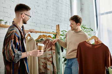 Two men, a gay couple, engaged in creating trendy attire in a designer workshop.