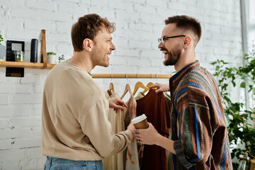 Two male fashion designers collaborate on stylish clothing in a workshop.