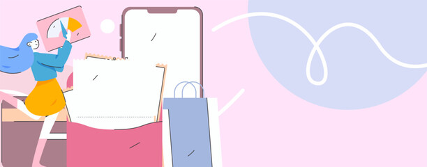 Holiday shopping people doing e-commerce online shopping flat vector concept operation hand drawn illustration
