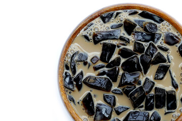 Grass jelly in milk with brown sugar, herbal dessert. Mesona chinensis