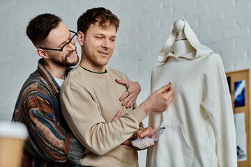 Two men, creators in a designer workshop, stand side by side in artistic collaboration.