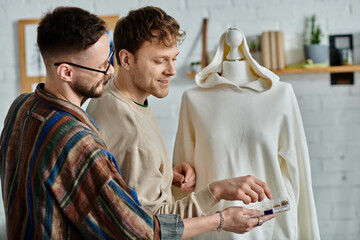 Two men, a gay couple in love, carefully examine a chic dress on a mannequin in their designer...