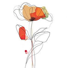 Professional Minimal Flower: Continuous Thick Line, Boho Design, Color Patches, White Background
