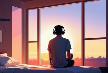 Man with headphones sits by a window at sunset 