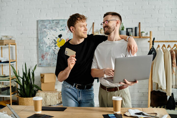 Two men, a gay couple, stand in a designer workshop, focused on a laptop screen while discussing trendy attire creation.