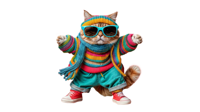Yellow cat wearing clothes and glasses with transparent background. Portrait of a cute little kitty cat . Posing at a photoshoot in Hiphop clothes with a colored view