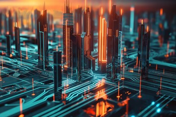 Radiant metropolis of the future built on an expansive illuminated circuit board. Technological concept. Future urban design. Encompassing web3, network, AI, machine learning, AR.