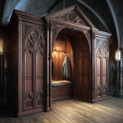 Fototapeta premium Wardrobe interior with wooden furniture in Gothic style in a castle.