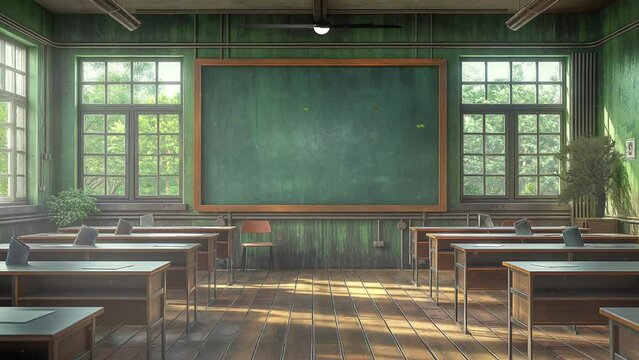 Empty classroom with desk, tables, chalkboard and chairs, at school or university motion seamless looping animation cartoon video background