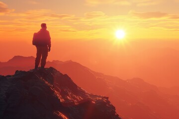 Fototapeta premium Silhouette of a man standing on the top of a mountain in the rays of sunset. Symbol of success, victory. AI generative