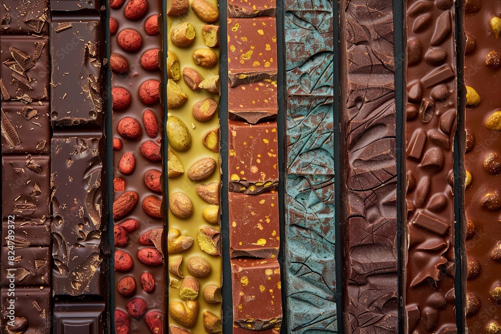 Poster Different types of chocolate bars neatly lined up in a row, showcasing a variety of flavors and types. Generative AI
