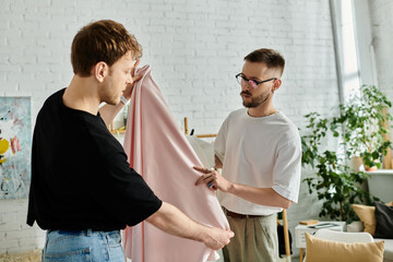 Two fashion designers, a gay couple, stand together in their designer workshop, immersed in...