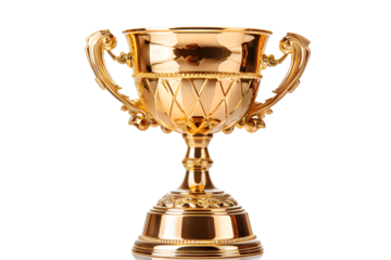 a single golden trophy cup isolated on a white background, symbolizing victory and achievement, ideal for sports events, academic competitions, or employee recognition programs
