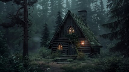 an image of an aesthetic rustic small a-frame triangular log cabin house, 1800s era - Powered by Adobe