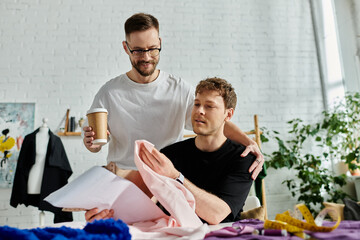 Two men, part of a stylish, LGBTQ design duo, share a quiet moment while holding coffee.