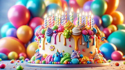 Fototapeta premium happy birthday background featuring an animated style cake on a background of colorful balloons.