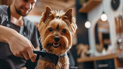 Smiling professional groomer holding a comb and grooming a cute small dog in a pet salon, capturing the care and joy in a welllit, clean environment