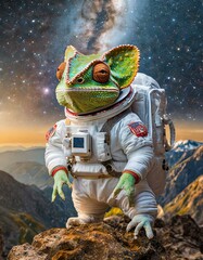 A chamelon, lizard, gecko or reptile in astronaut suit in space 
