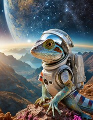 A chamelon, lizard, gecko or reptile in astronaut suit in space 