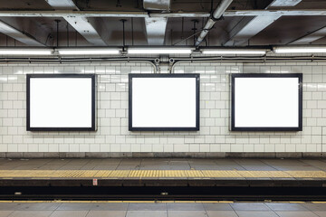 Three digital screens billboards mockup in the urban environment, blank space to display your advertising or branding campaign
