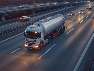 Fototapeta premium Roadside Rumble: A Fuel Tanker Truck Maneuvers at the Autobahn Junction